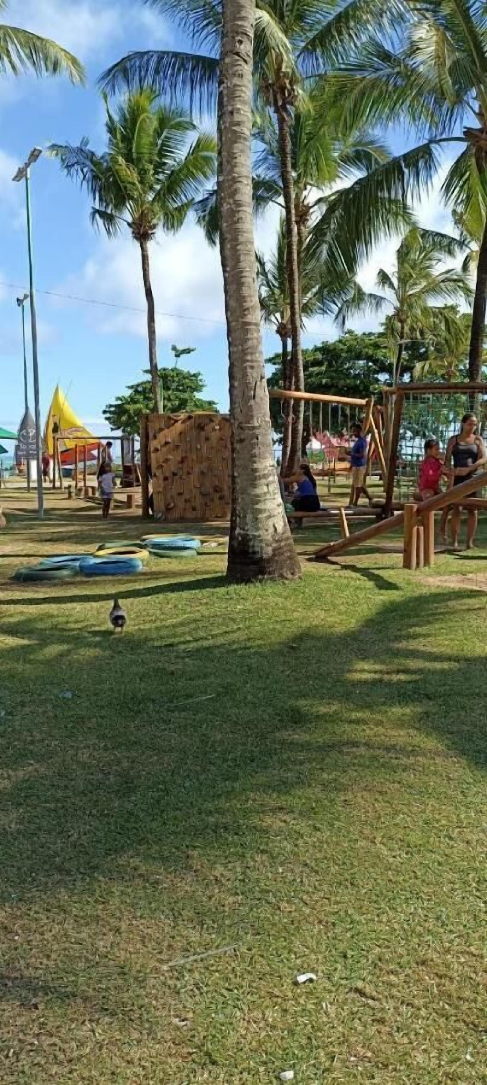 Un parque con palmeras, un área de juegos y una tienda de campaña amarilla.
