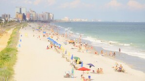 A crowded beach with people sunbathing and swimming, a pier in the background, and buildings along the shore.