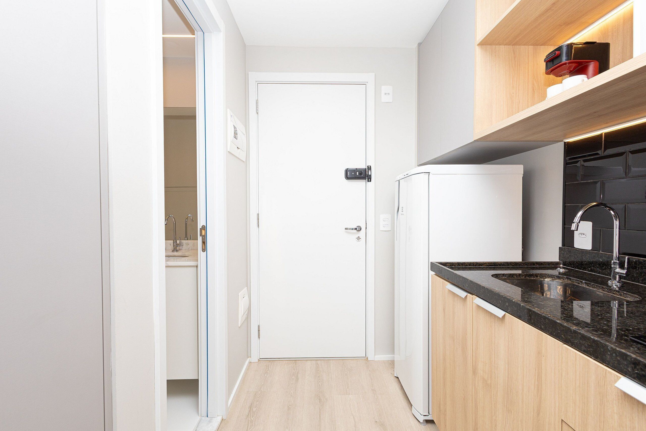 Fridge, microwave, coffee/tea maker, cookware/dishes/utensils