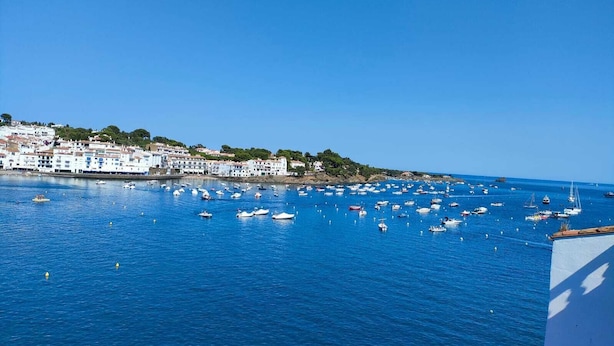 A coastal town with buildings along the shore and numerous boats in the water.