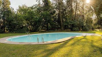 Une piscine rectangulaire bordée de béton, entourée d’une pelouse et d’arbres.