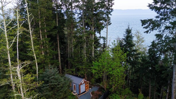 A cabin surrounded by dense forest with a view of the ocean.