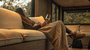 Una persona sentada en un sofá, con una copa de vino, una ventana que da a vista de árboles y un florero con flores sobre una mesita auxiliar.