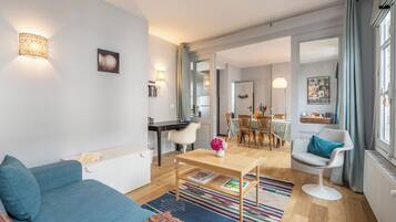 Télévision, cheminée, lecteur de DVD, livres