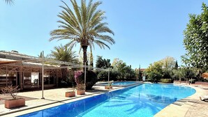 A clear blue swimming pool with a tiled deck, surrounded by palm trees and potted plants. - VILLA 34 - 4 Masters, Moroccan Charm & Modern Comfort with Private Pool (Marrakech)