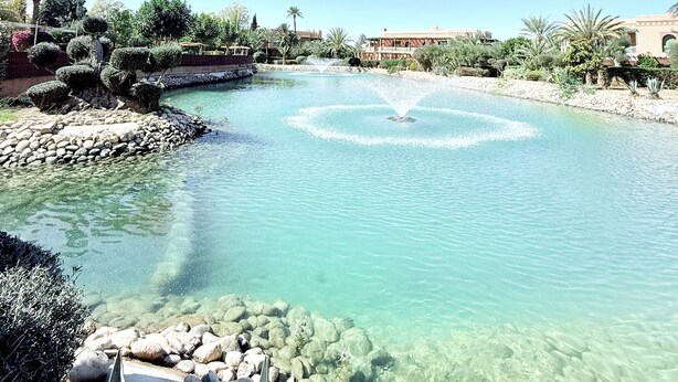 A clear view of a water feature with a fountain, surrounded by rocks and plants, with buildings in the background. - VILLA 34 - 4 Masters, Moroccan Charm & Modern Comfort with Private Pool (Marrakech)