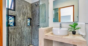 Shower, hair dryer, towels