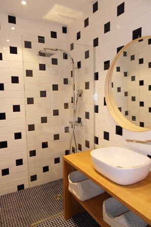 Shower, hair dryer, toilet paper