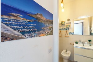 Shower, hair dryer, bidet, towels