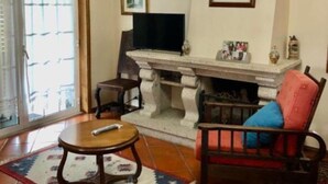 Un salon avec une cheminée en pierre, un téléviseur et un fauteuil rouge avec un coussin bleu.