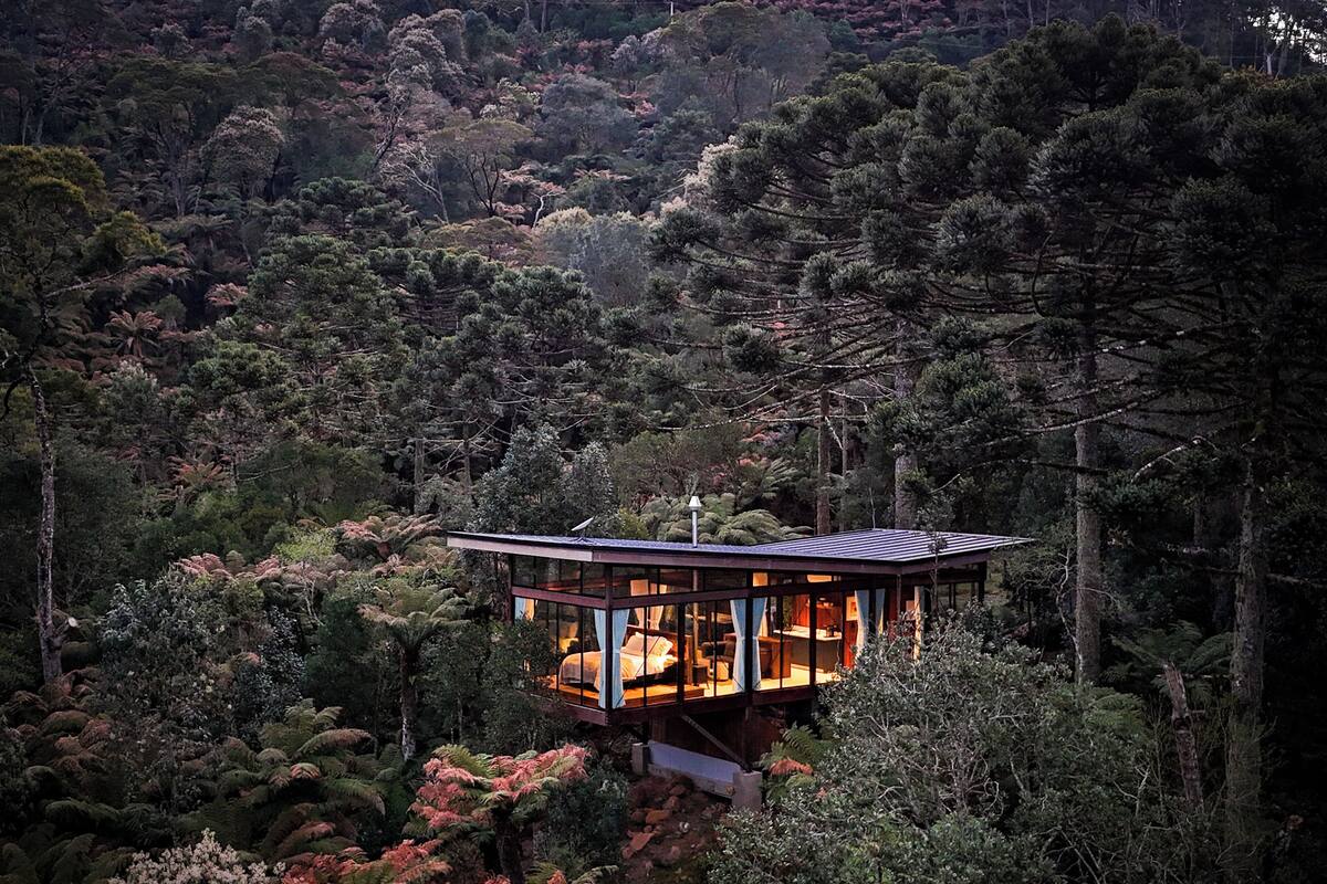 Una cabaña apartada rodeada de un bosque denso, con un interior espacioso, ventanas amplias y una escalera destacada que lleva a la entrada.