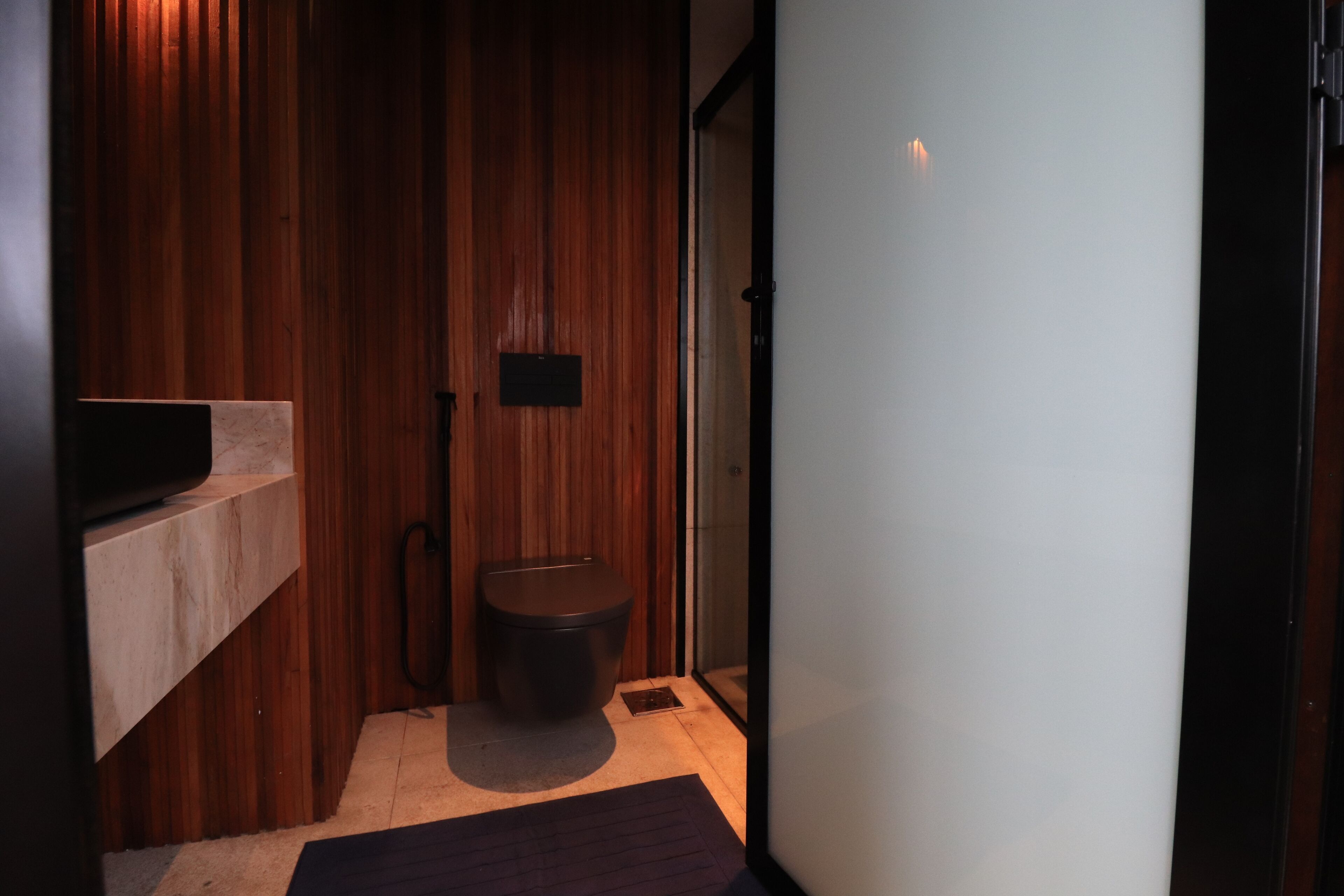 A modern bathroom with wooden paneling, a toilet, and a sink.