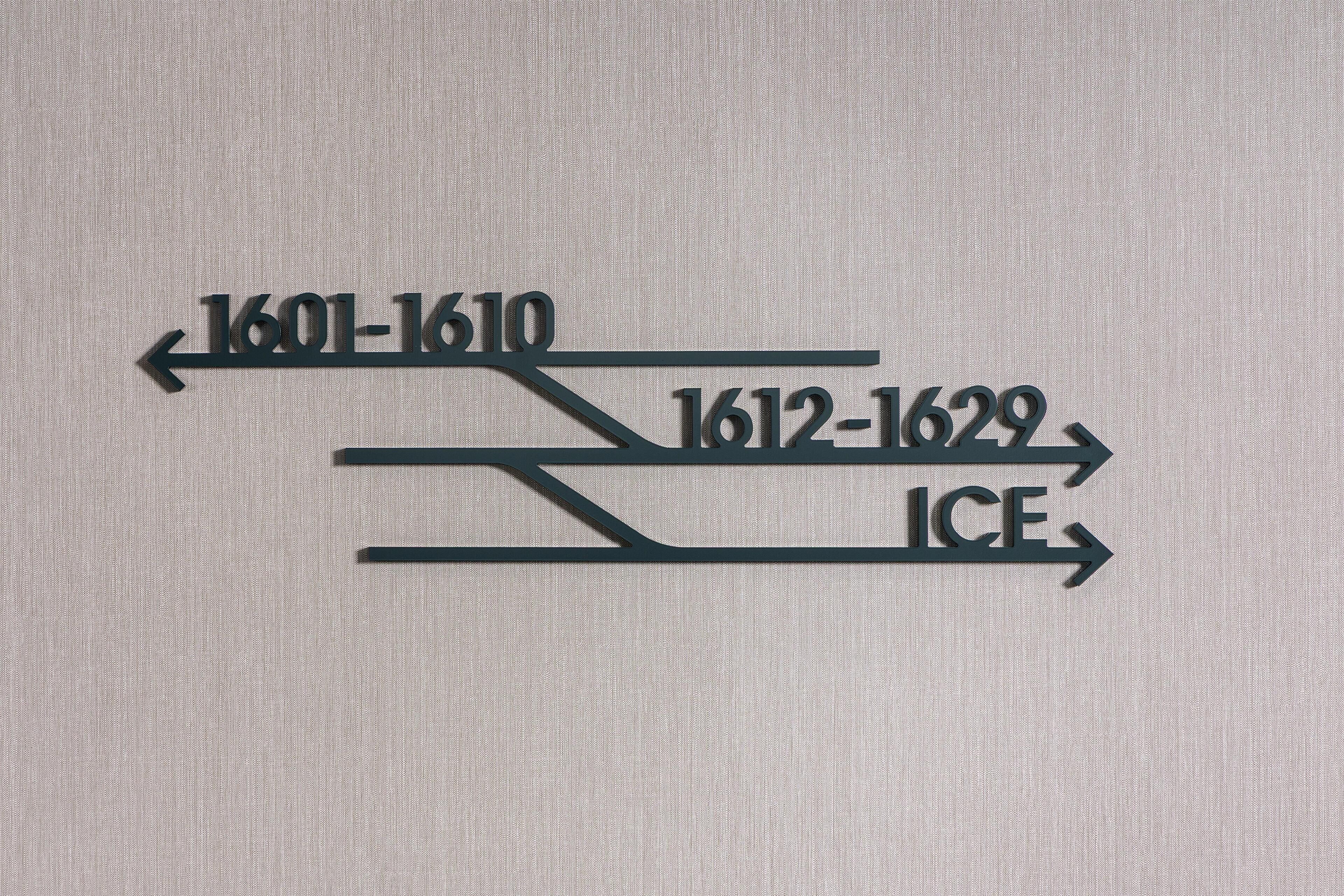 Un letrero direccional con flechas que indican diferentes periodos de tiempo: 1601-1610, 1612-1629, y ICE.