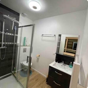 Dusche, Haartrockner, Handtücher, Toilettenpapier