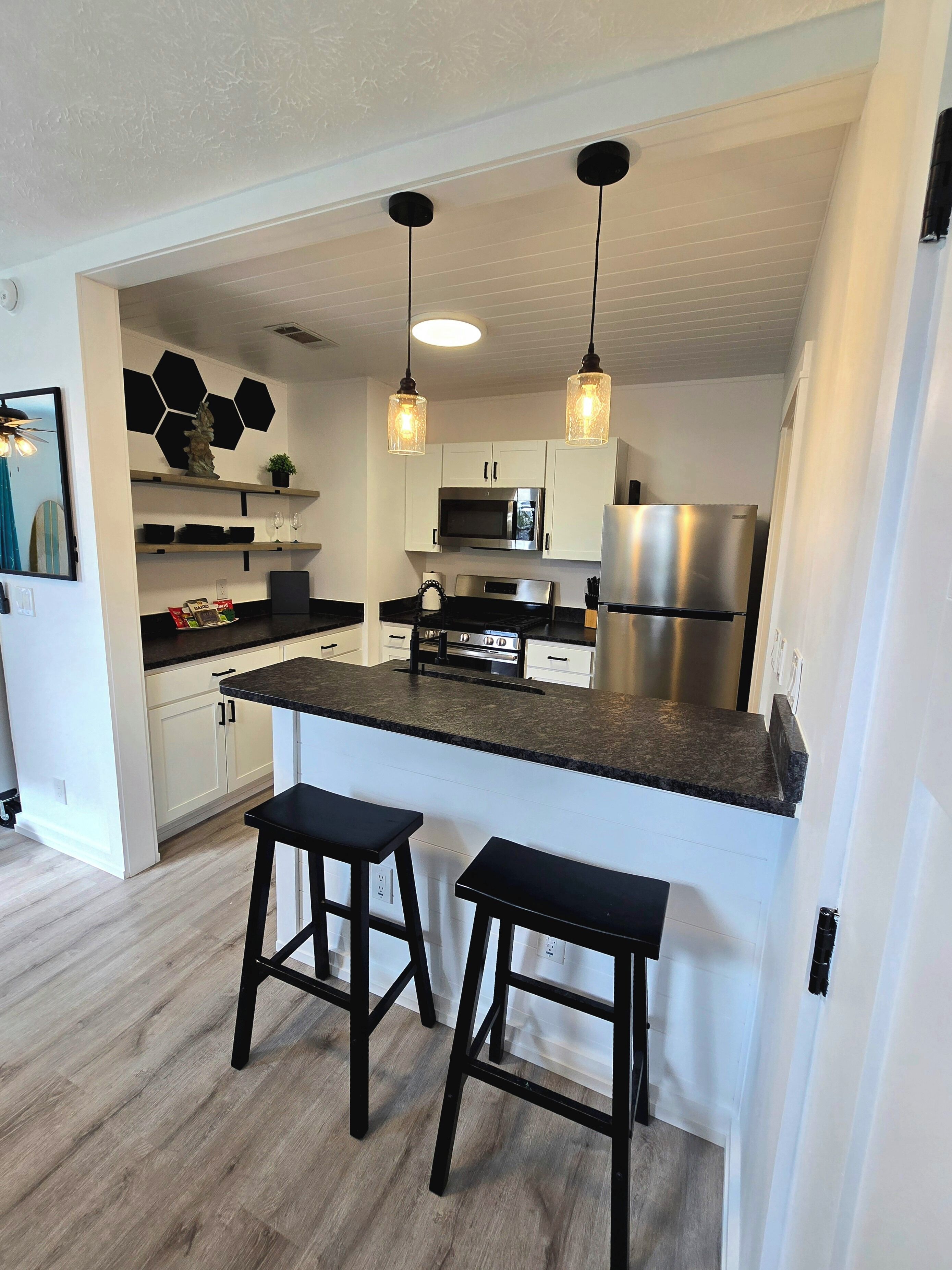 Fridge, microwave, dishwasher