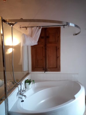Hair dryer, bidet, towels, soap