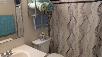 A bathroom with a sink, toilet, and towel rack.