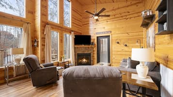 Smart TV, fireplace, foosball