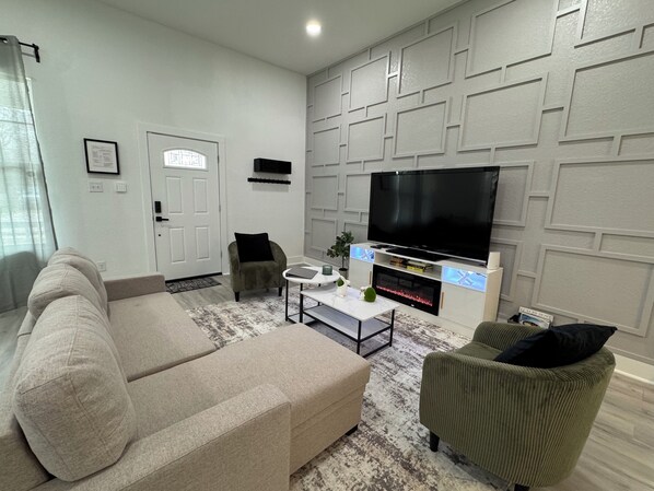 Smart TV, fireplace, video games, books