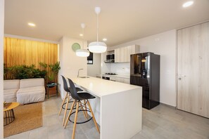 Fridge, microwave, oven, stovetop