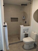 Shower, towels, soap, shampoo