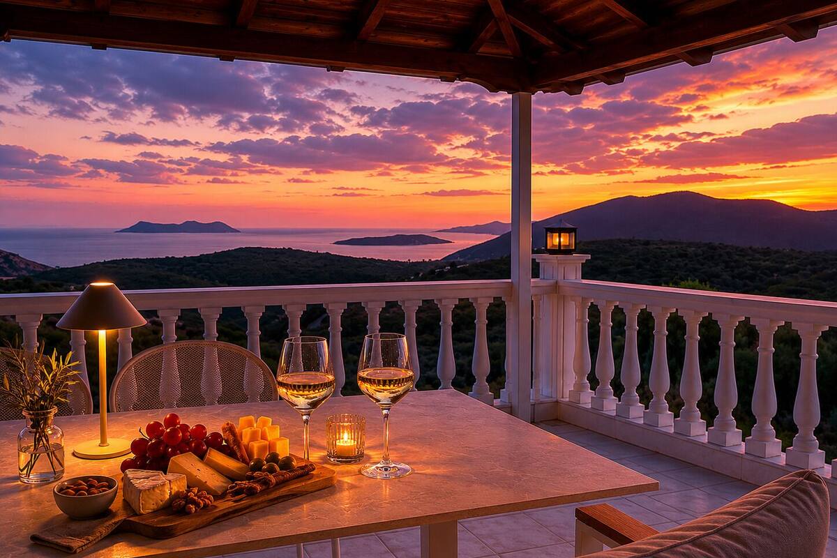 A terrace with a table set for a meal, overlooking a scenic sunset view.