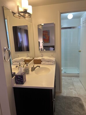 Secador de cabelo, toalhas de banho, sabonete, papel higiênico