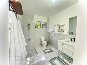 Séchoir à cheveux, serviettes fournies, savon, papier de toilette