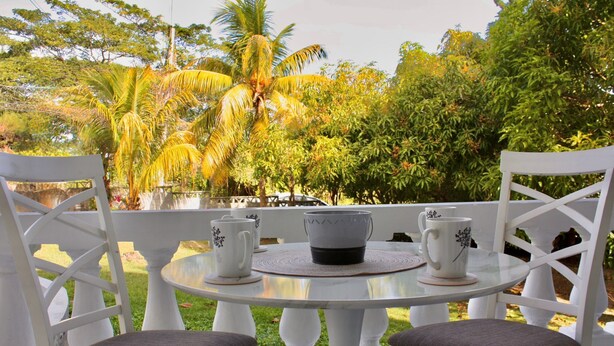 A white outdoor seating area with a round table and chairs, surrounded by lush greenery and palm trees.