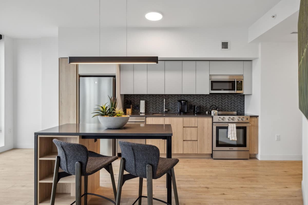 Full-sized fridge, microwave, oven, stovetop