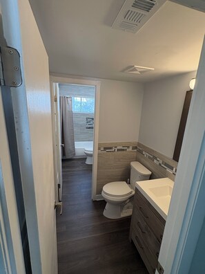 Hair dryer, towels, soap, shampoo