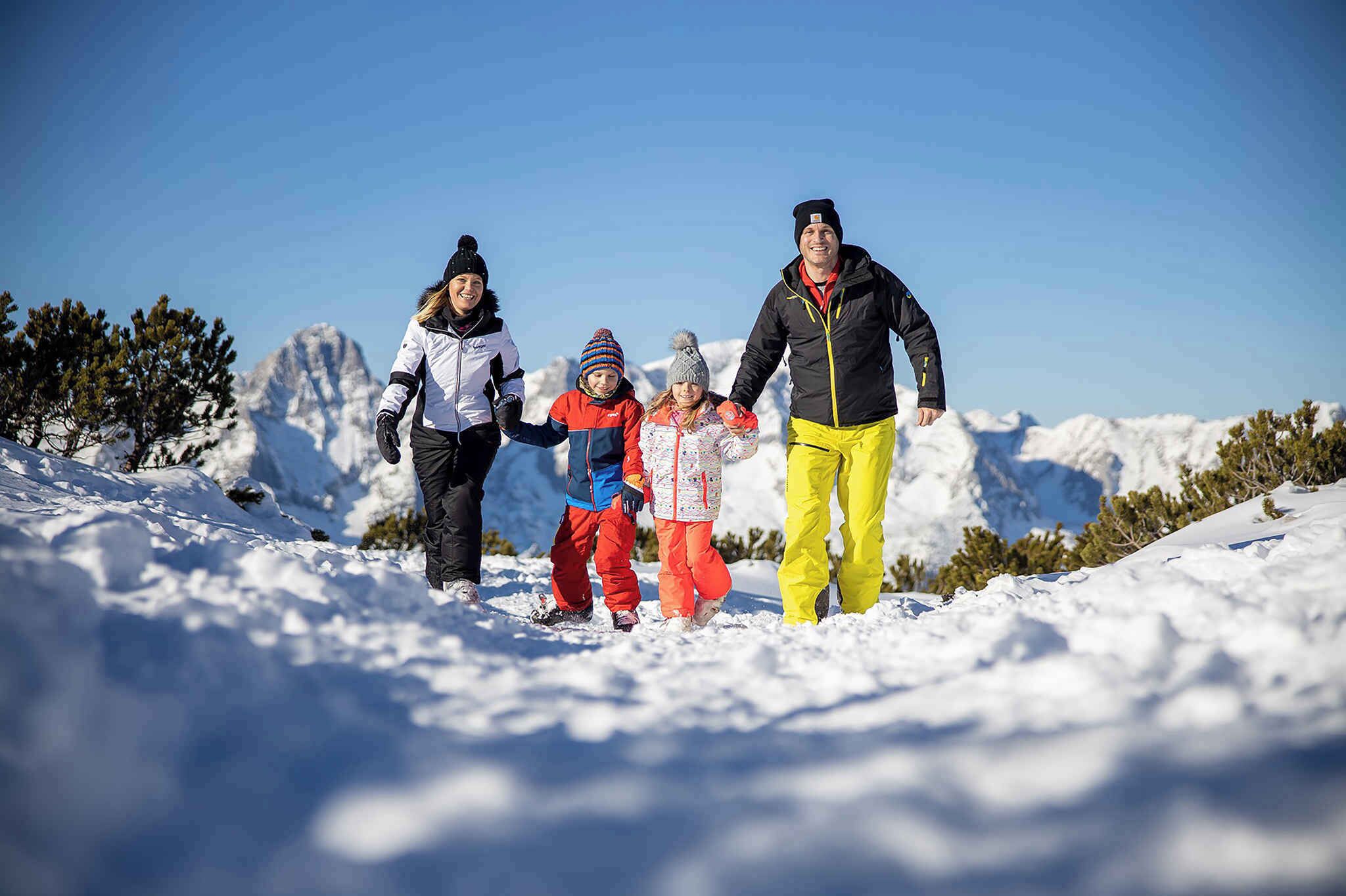 Une famille se promène sur une montagne enneigée, sous un ciel dégagé.