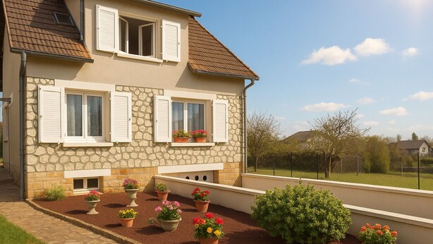 A two-story house with stone facade, white shutters, and a garden with potted plants. - Maison le Ber-So Close to Beauval Zoo (Selles-sur-Cher)