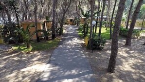 Un sentier qui traverse un jardin agrémenté d’arbres et de petites constructions.