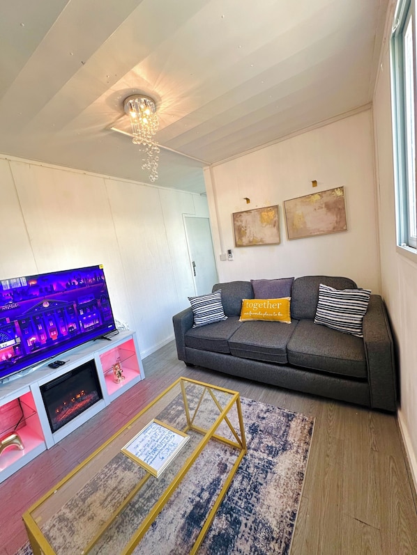 A living room with a sofa, a TV, a chandelier, and artwork on the wall. - LUXURY MODERN STUDIO TINY HOME- PET FRIENDLY W/ AC, WiFi,FIREPLACE, FREE PARKING (North Miami)