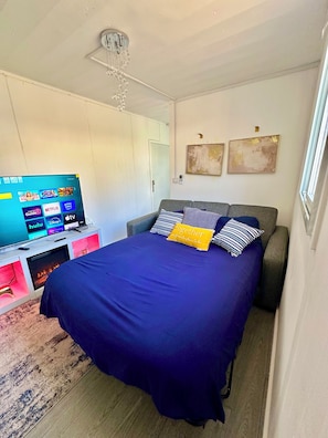 A bedroom with a bed, a TV, and a fireplace. - LUXURY MODERN STUDIO TINY HOME- PET FRIENDLY W/ AC, WiFi,FIREPLACE, FREE PARKING (North Miami)