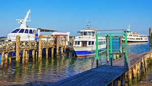A dock with boats, wooden walkways, and a clear sky. - Holiday flat with pool (Porto Santa Margherita)