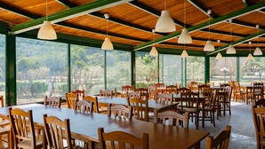 A spacious dining area with wooden tables and chairs, large windows offering a view of a lush garden, and hanging pendant lights. - Mobile home with air conditioning (Peschici)