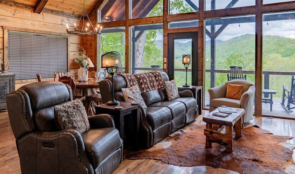 TV, fireplace, DVD player, books - Timber Ridge-2 Bedroom, Pet Friendly, Luxury Cabin Rental, Panoramic Mountain Views, High Speed Internet, Rafting, Horseback Riding-Nantahala NC (Topton)