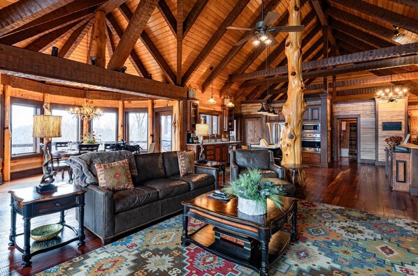 TV, fireplace, DVD player, books - The Sanctuary-Pet Friendly Luxury Cabin Rental, Sits on Top of the Mountain, High Speed Internet, Hot Tub, 30 Minutes to Great Smoky Mountains, in Nantahala NC (Topton)