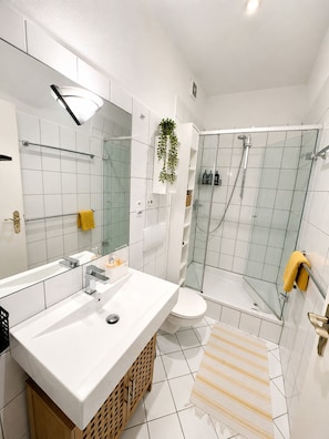 Douche, sèche-cheveux, serviettes fournies, savon