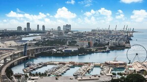 A marina with boats, a Ferris wheel, and a cityscape with high-rise buildings.