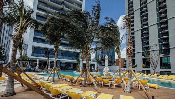 A rooftop pool area with yellow lounge chairs and palm trees.