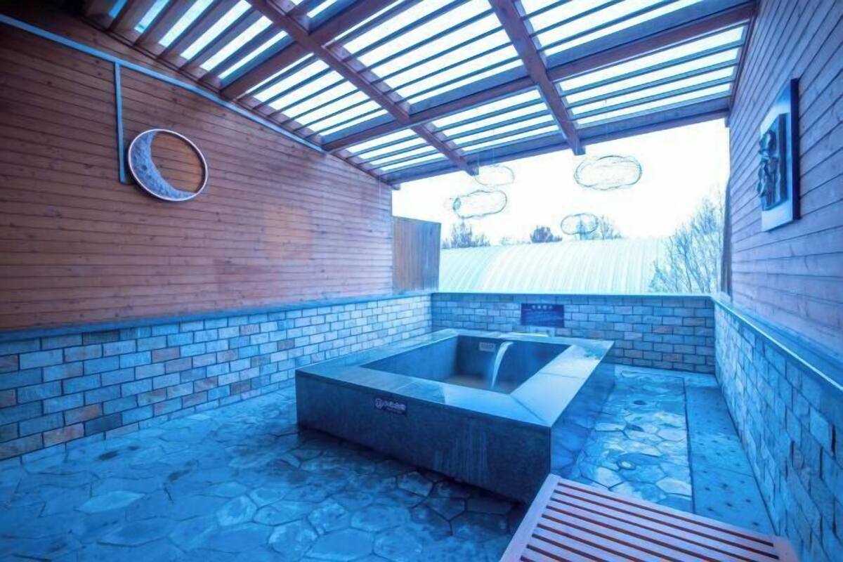 Ein Wellnessbereich mit Stein-Hottub, Holzwänden und einem Oberlicht.