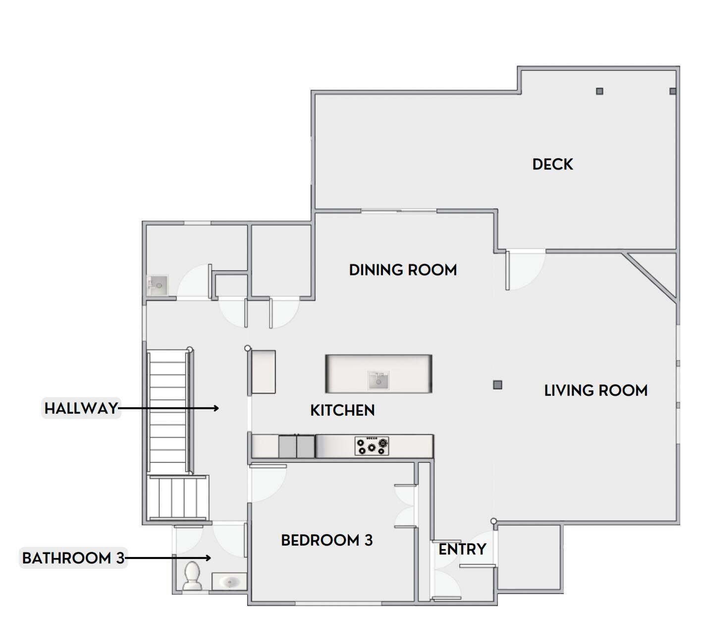 Ein Grundriss mit Esszimmer, Küche, Wohnzimmer, Terrasse, Eingangsbereich und drei Schlafzimmern.