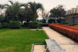 Ein angelegter Garten mit einem Weg, Rasen und verschiedenen Sträuchern.