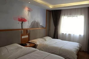 A hotel room with two beds, a nightstand, a wall-mounted lamp, and a large window with curtains. - Laisili Hotel (Shanghai)