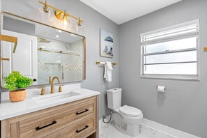 Hair dryer, towels, soap, shampoo