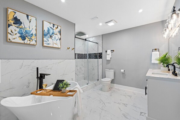 Hair dryer, towels, soap, shampoo
