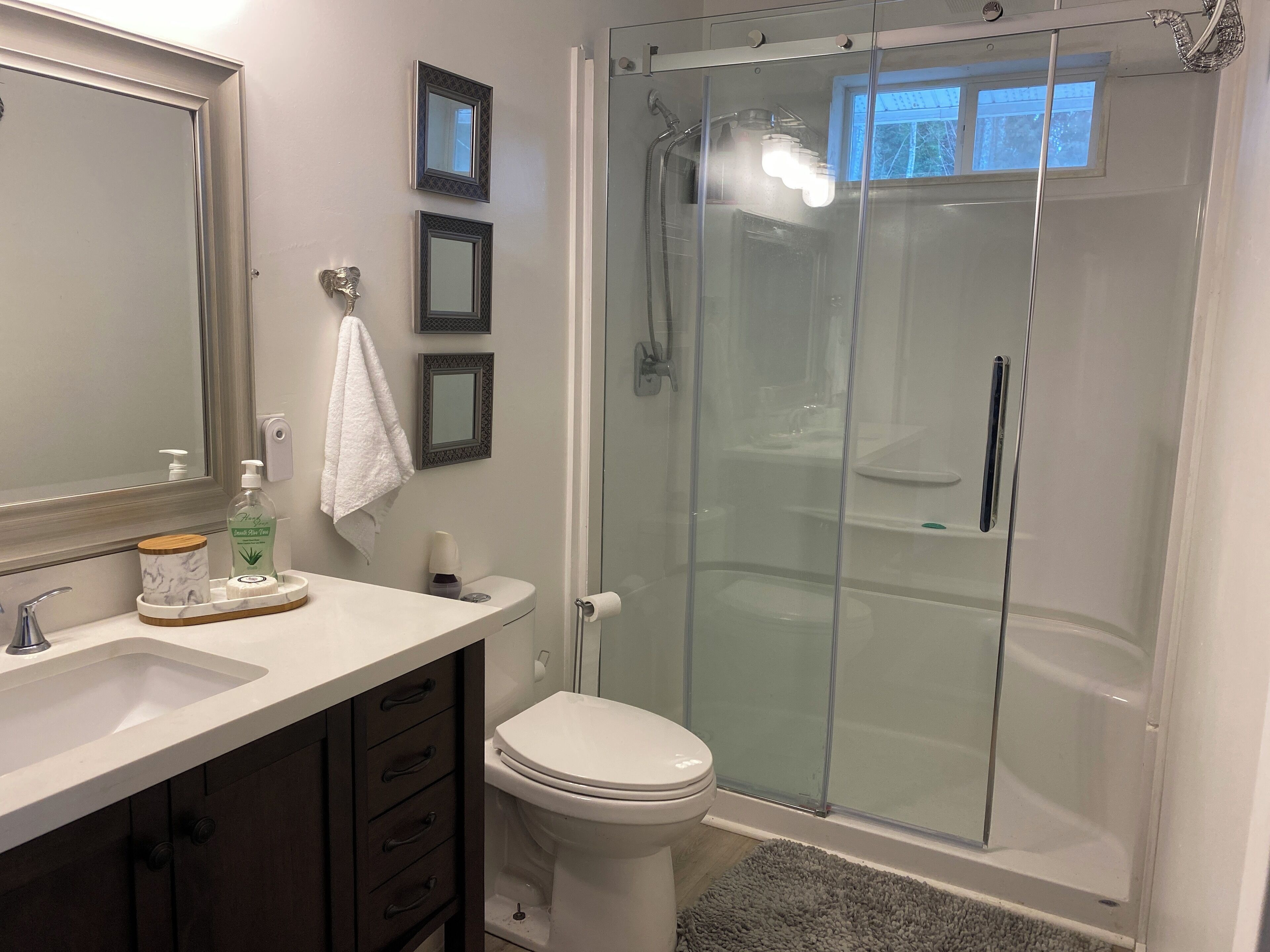 Une salle de bain avec une douche à parois de verre, des toilettes, un lavabo avec un porte-savon en marbre et un miroir.